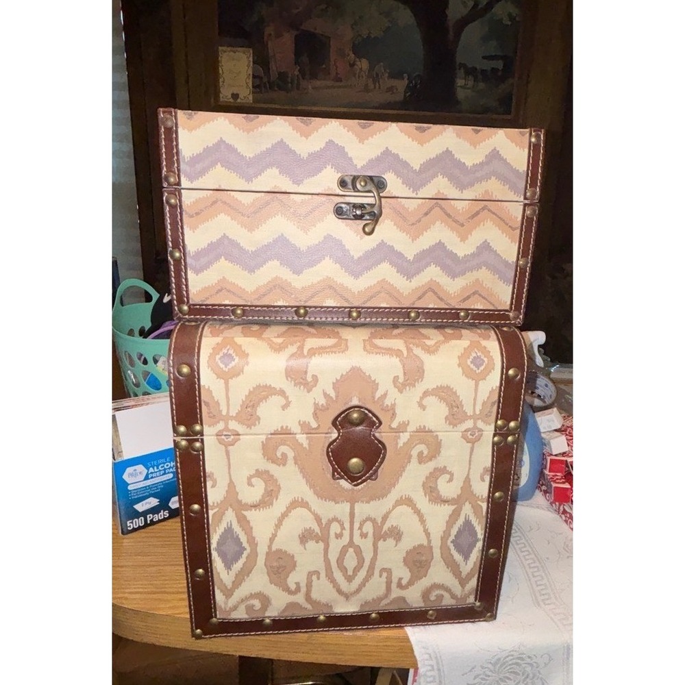 Crystal Art Gallery 2 Piece Ikat Chevron Decorative Storage Trunk Set Brown Tan